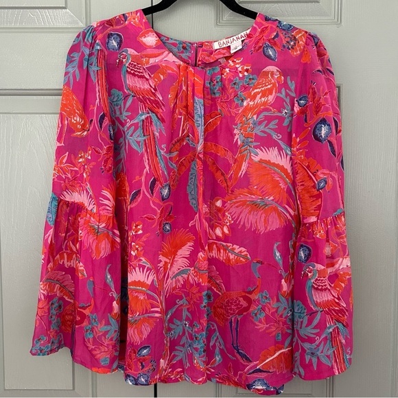 Banjanan Tropical Silky Blouse with Bell Sleeves and Keyhole Back - Picture 1 of 3